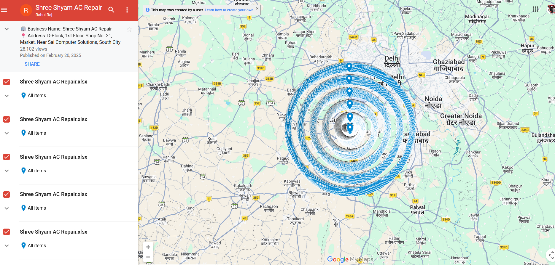 Google Maps Citation Extraction Work Example - Shree Shyam AC Repair Delhi NCR with concentric radius circles